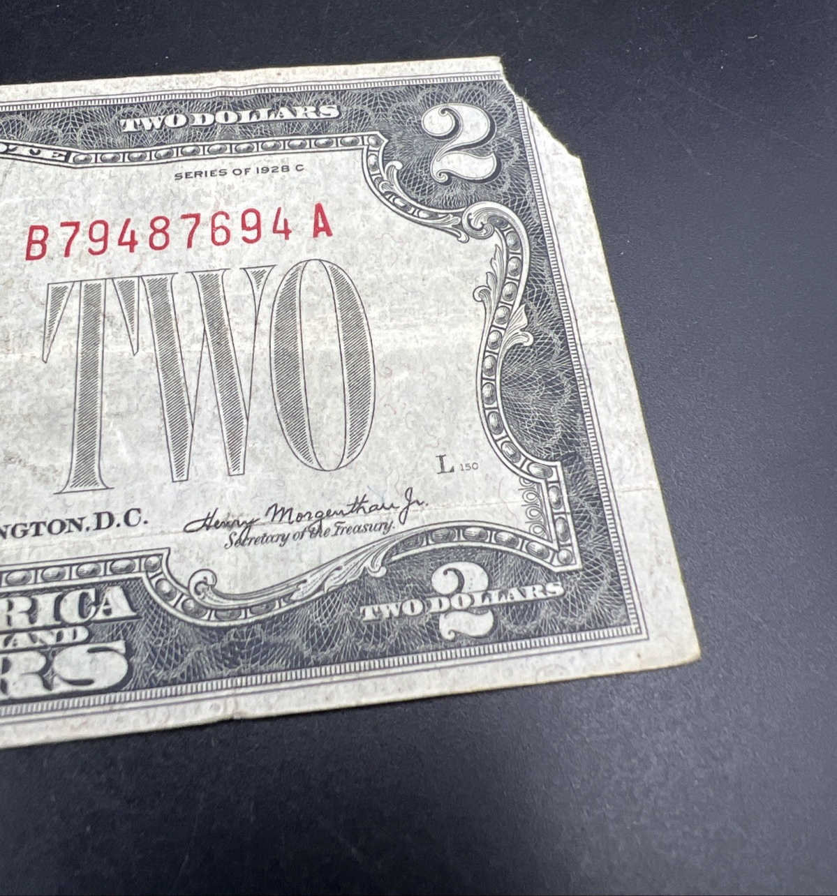 1928 C $2 USN United States Note Red Seal Fine Details Corner Tear #94