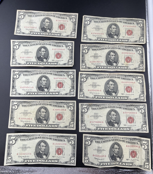 Lot of 10 1963 $5 USN United States Red Seal Five Dollar Notes VG / Fine #115