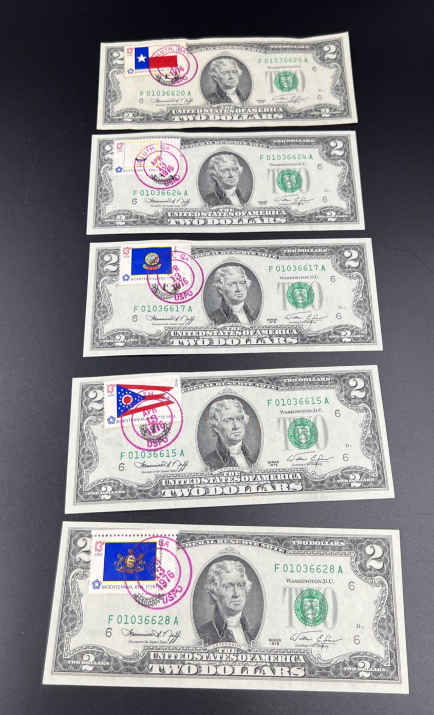 Lot of 5 Duluth GA 1976 Postal Stamped $2 Two Dollar FRN Notes CH AU / UNC