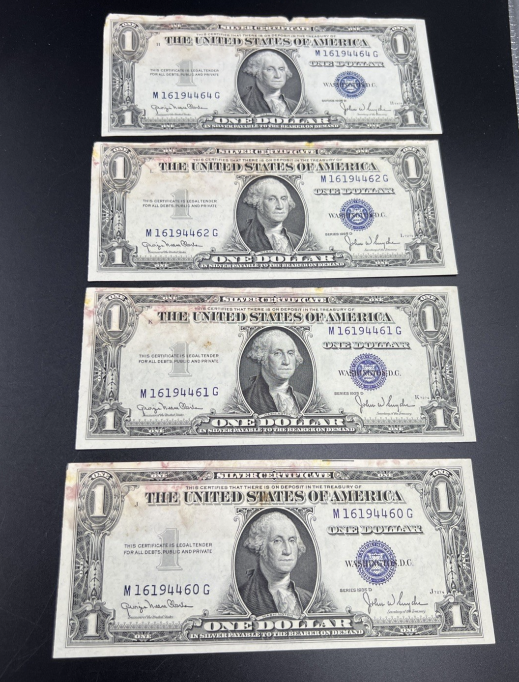 Lot of 4 1935 D $1 US Silver Certificates XF Details Stain - 3 notes Consecutive