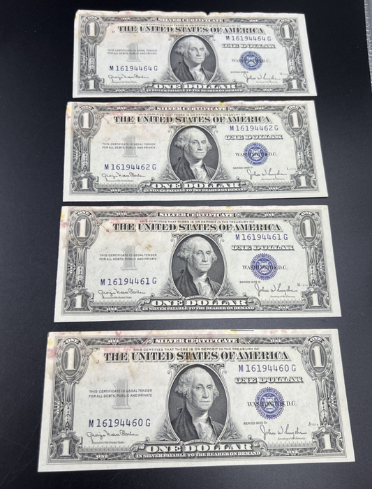 Lot of 4 1935 D $1 US Silver Certificates XF Details Stain - 3 notes Consecutive