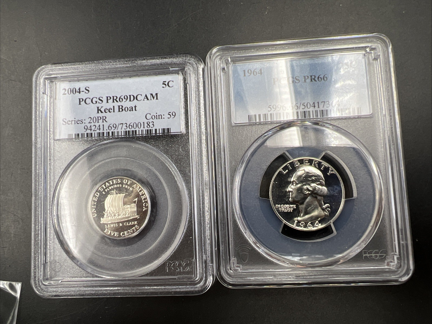 PCGS Slab collectors set 1964 Silver 25c W & 2004 5c CU-NI Keel Boat 5c