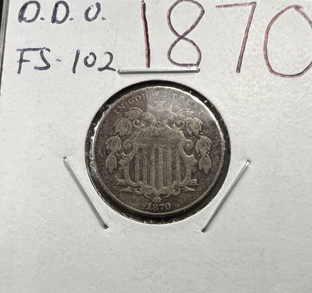 1870 5c Shield Nickel Coin FS-102 DDO Double Die Obverse VG Details Very Circ