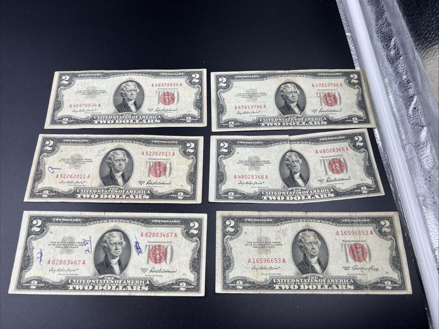 Lot of 6 1953 $2 USN Red Seal Legal Tender Bills Very Circulated #467