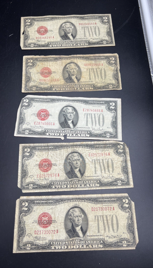 Lot of 5 1928 $2 USN United States Note Red Seal Bills Cull very Circ #72