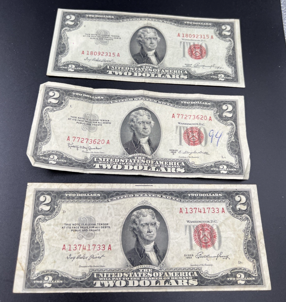 3 Note Lot 1953 $2 Red Seal USN Note Lot Interesting Bills VG / Fine #733