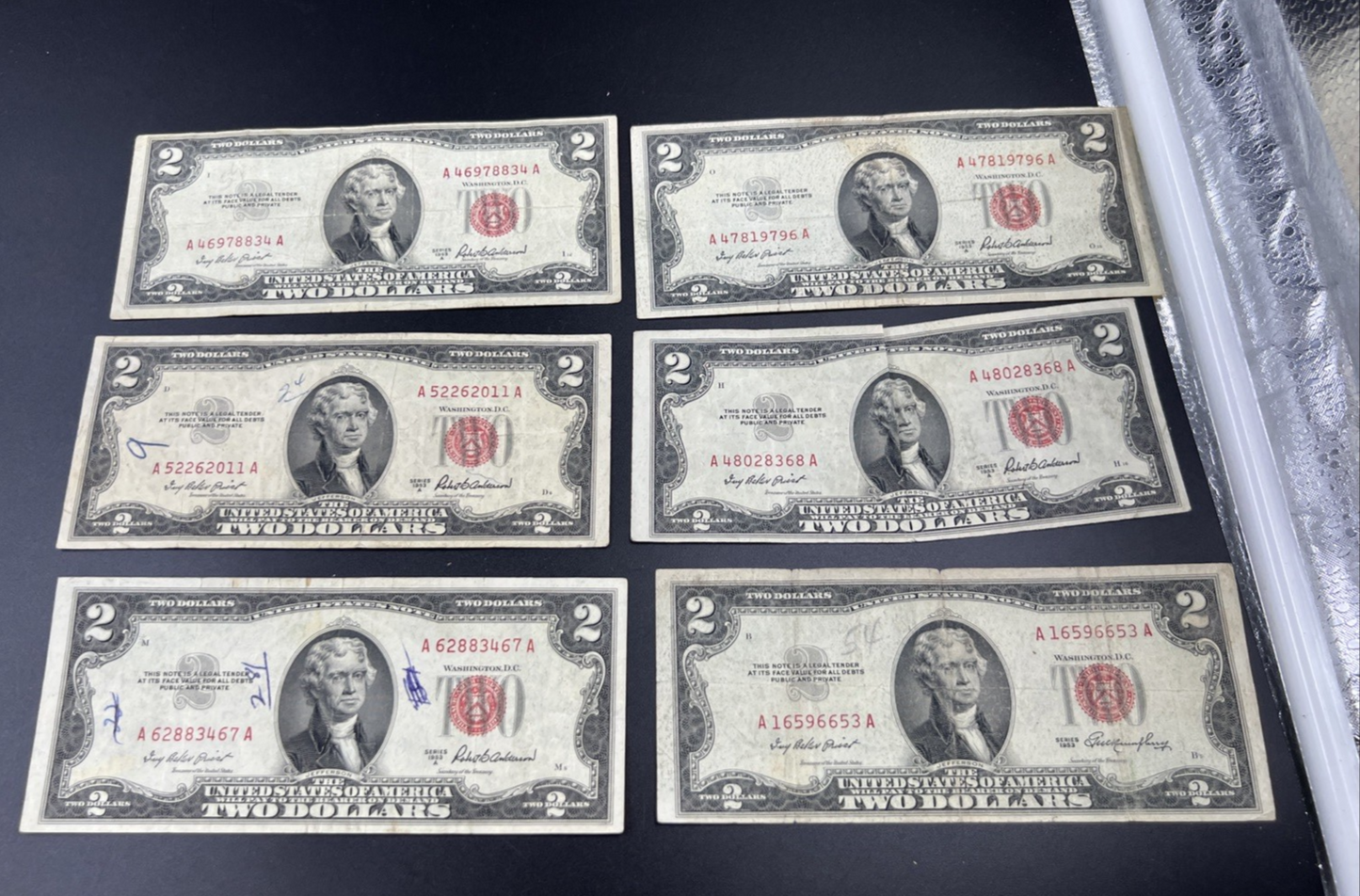 Lot of 6 1953 $2 USN Red Seal Legal Tender Bills Very Circulated #467