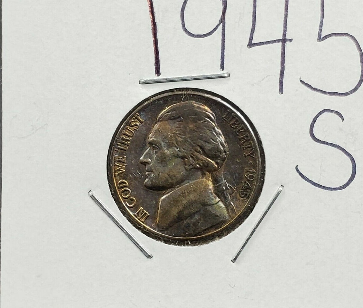 1945 S Jefferson Silver World War 2 Nickel Coin CH BU PQ Toning Toner San Fran