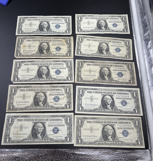 Lot of 10 1957 / 1935 $1 One Dollar Silver Certificate Blue Seal Notes VG + #512