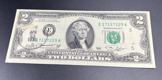 1976 $2 FRN Two Dollar Bicentennial Note Washington DC 20013 FDOI Stamped