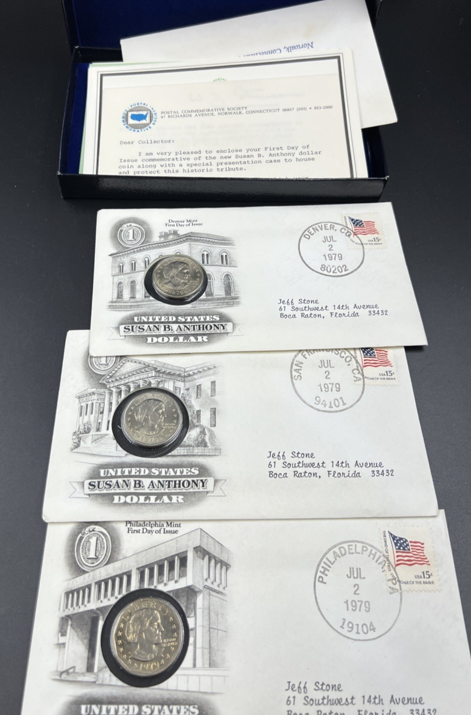 3 Coin FDOI Set 1979 P D S SBA Susan B Anthony BU UNC Dollar Coins