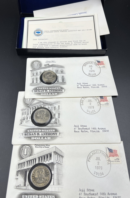 3 Coin FDOI Set 1979 P D S SBA Susan B Anthony BU UNC Dollar Coins