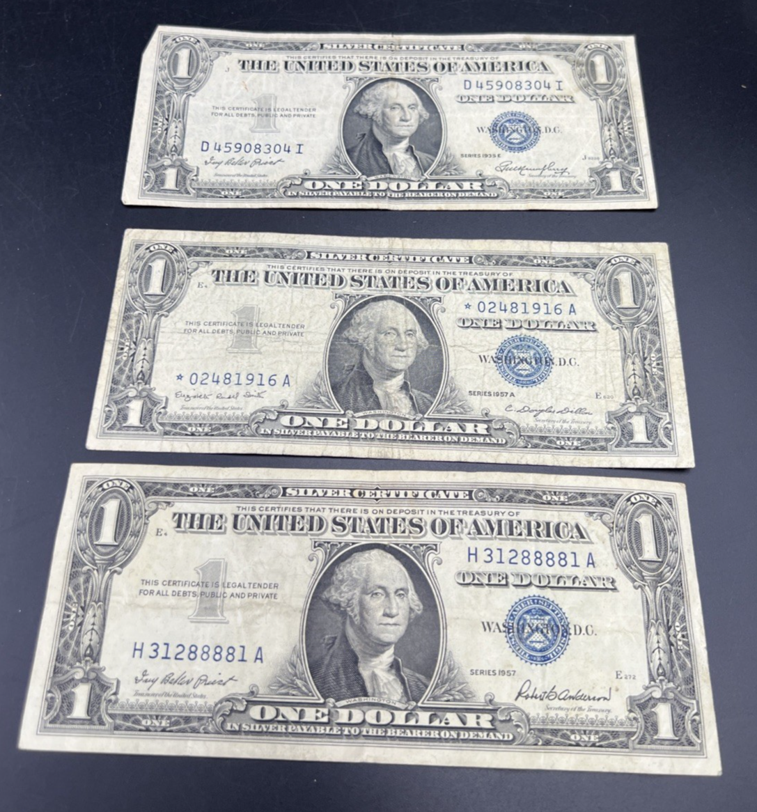 3 Note Lot 1935 $1 1957 * $1 & 1957 $1 Repeater Silver Certificates #88881