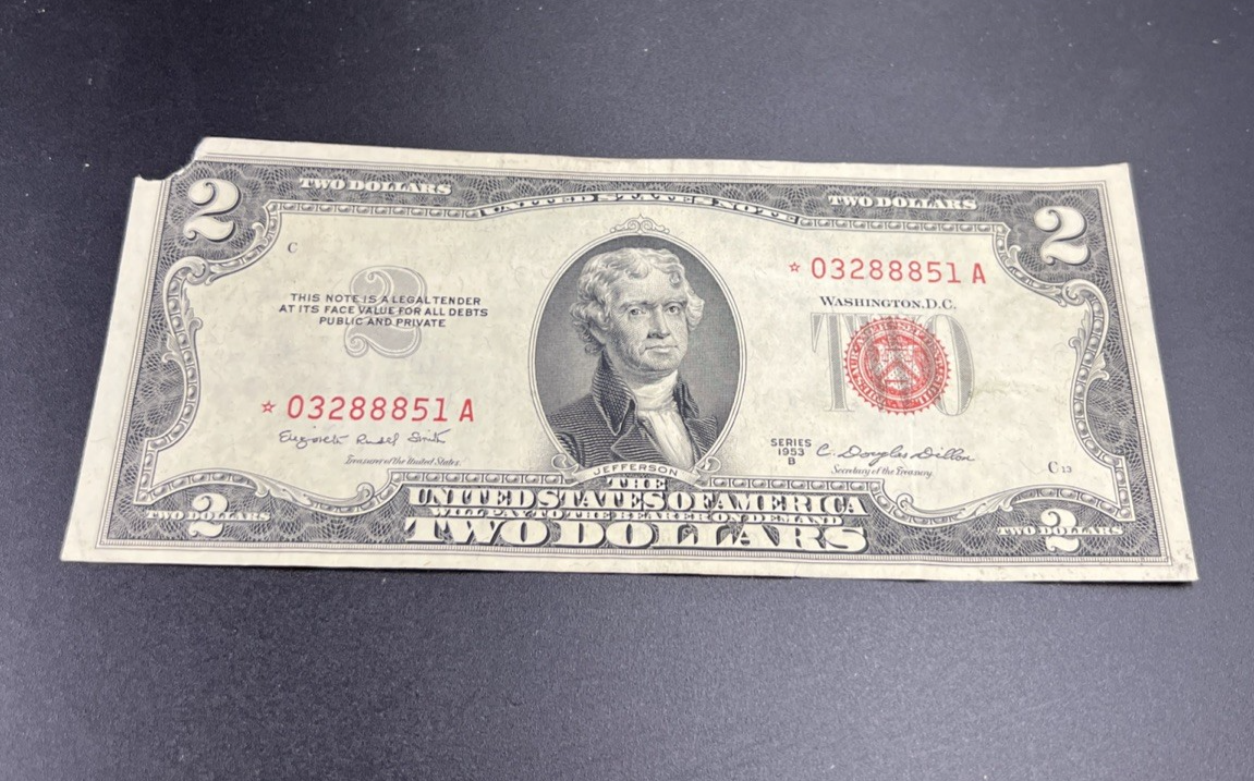 1953 * Star B $2 USN Red Seal United States Note CH VF Details Corner Tear #888