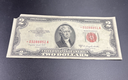 1953 * Star B $2 USN Red Seal United States Note CH VF Details Corner Tear #888