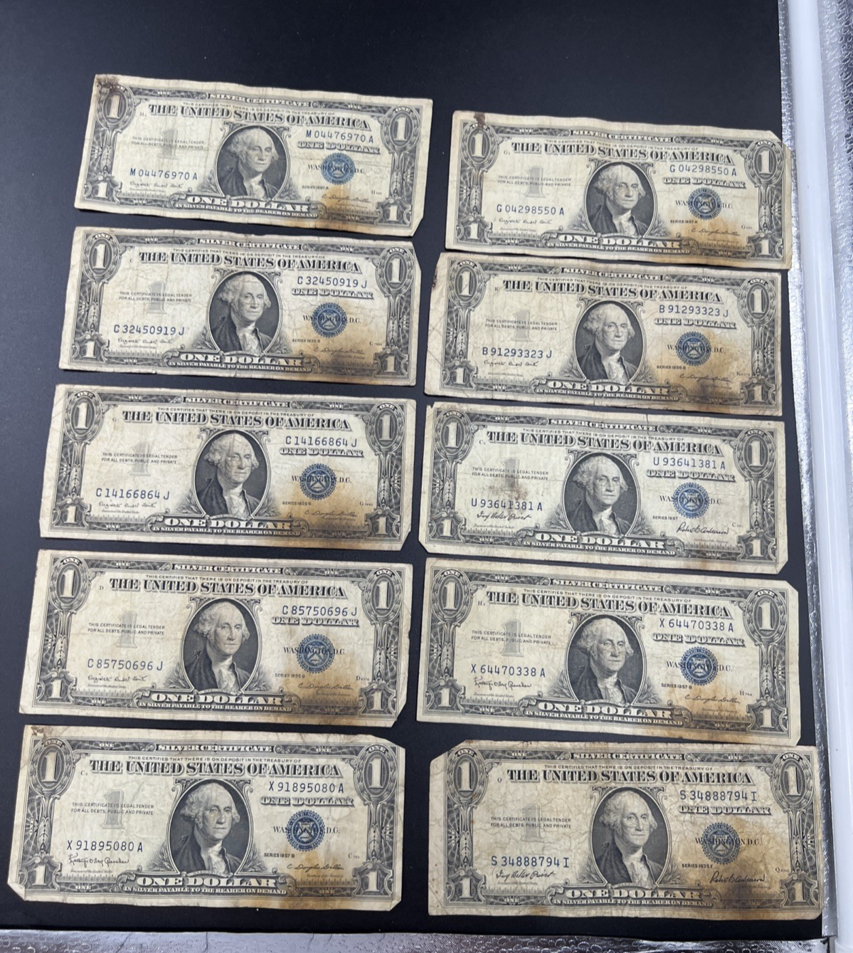 Lot of 10 VERY CIRC 1957 1935 $1 Dollar Silver Certificate Blue Seal Notes #80