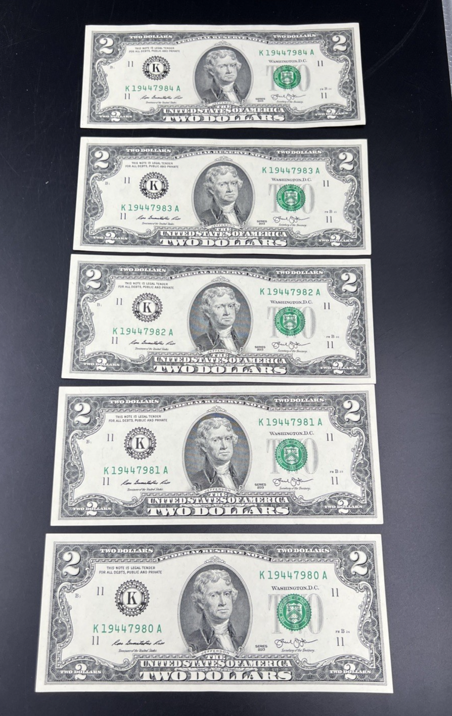 5 Consecutive 2013 $2 FRN Federal Reserve Notes UNC Uncirculated #80