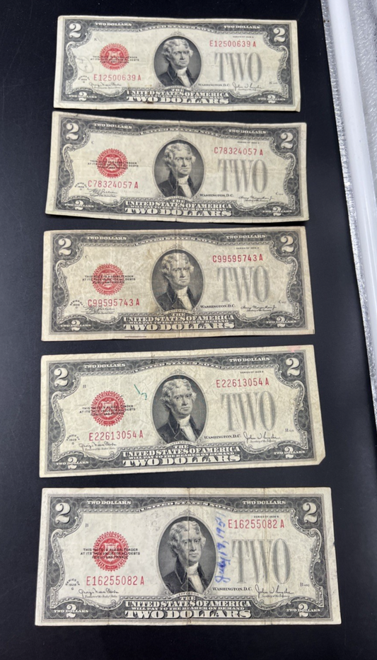 Lot of 5 1928 $2 USN United States Note Red Seal Bills VG Very Good Circ #082