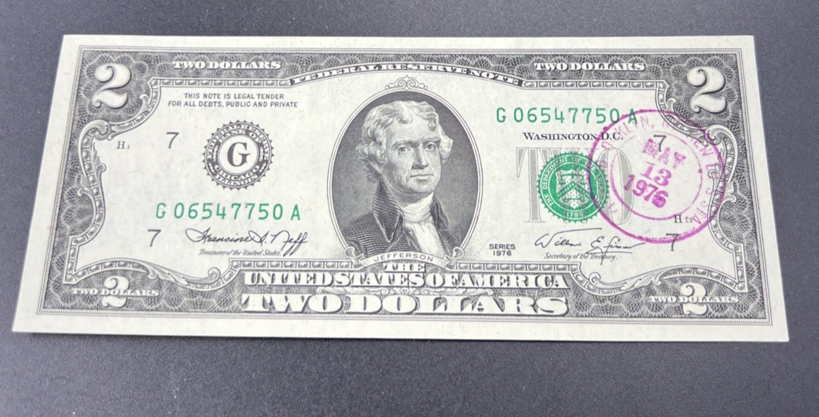 1976 $2 Two Dollar Bicentennial Bill Brookyln NY Postmarked (no Stamp) UNC #750