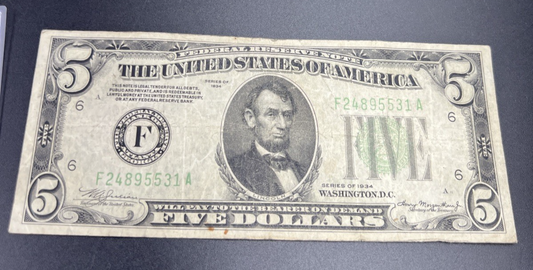 1934 $5 Five Dollafr FRN Federal Reserve Note VG Very Good Circ #31