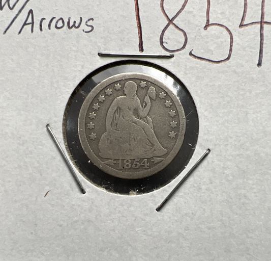 1854 with Arrows 10c Seated Liberty Silver Dime Choice VG Very Good Circ SKU#b