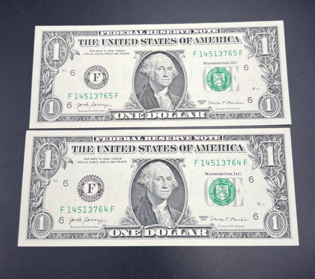 2 Consecutive 2017 $1 FRN Federal Reserve Notes CH UNC #64
