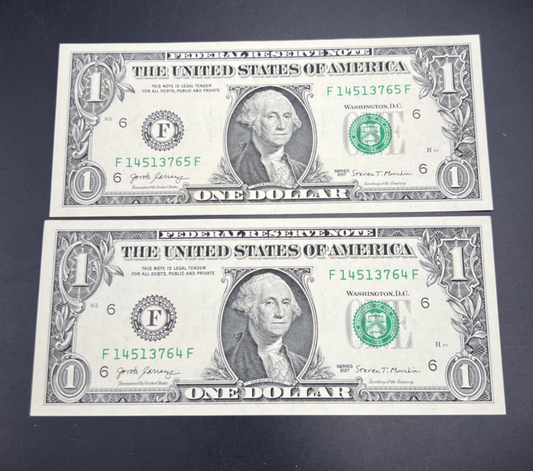 2 Consecutive 2017 $1 FRN Federal Reserve Notes CH UNC #64