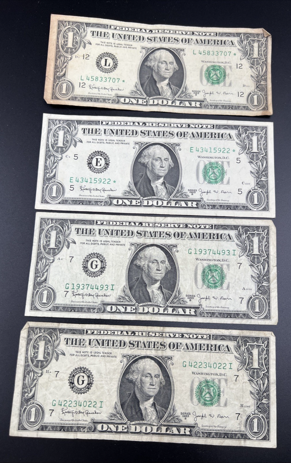 Lot of 4 1963 B $1 Barr Notes Fancy Serial Bills & * Star FRN Notes Circ #707