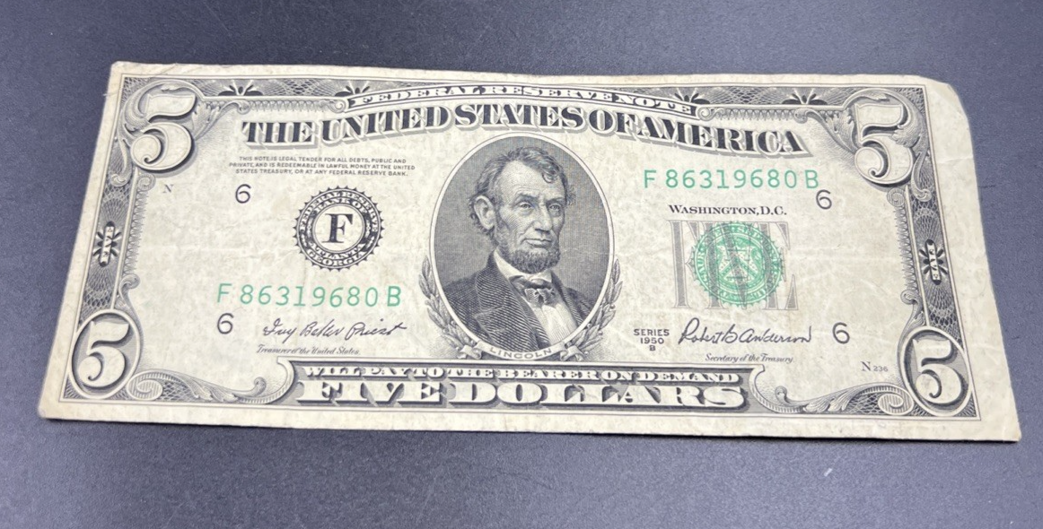 1950 B $5 FRN Federal Reserve Note VG Very Good Circ Five Dollar Bill #680