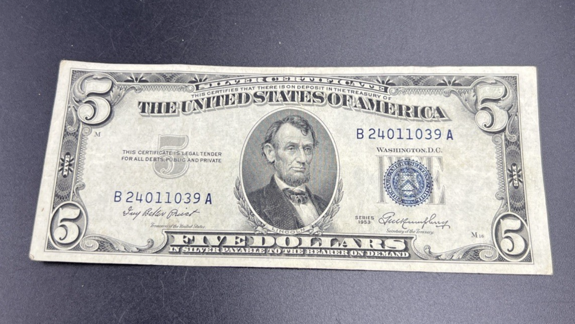 1953 $5 Five Dollar US Silver Certificate Fine Circ #039