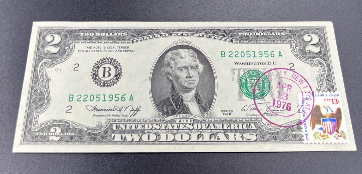 Obstructed Printing Error 1976 $2 Bicentennial Postal Bill Printed Thru String