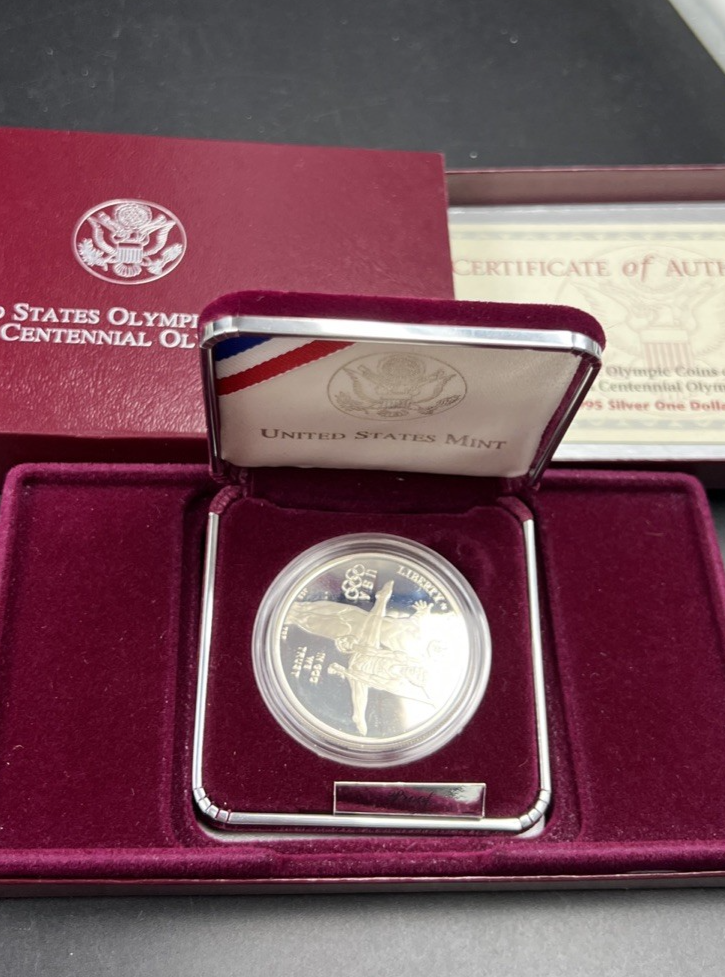 1995 Atlanta Olympics Gymnast Proof Silver Dollar Coin OGP Some Toning