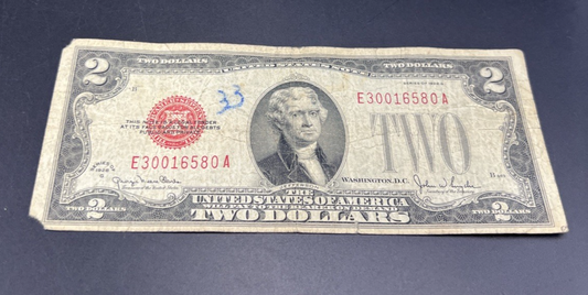 1928 G $2 Two Dollar Legal Tender United States Red Seal Note Very Circ #3001