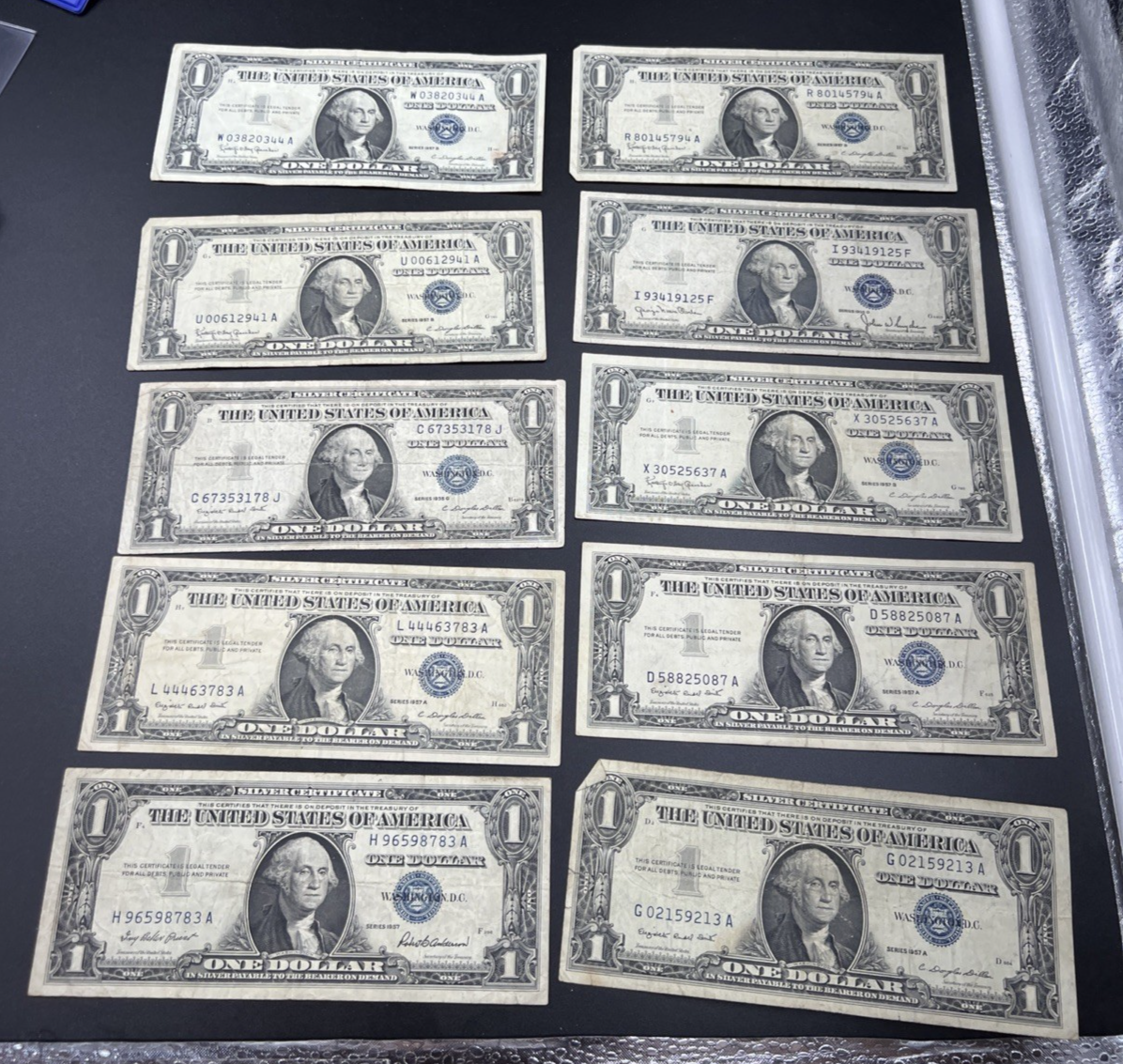 Lot of 10 1957 / 1935 $1 One Dollar Silver Certificate Blue Seal Notes VG + #783