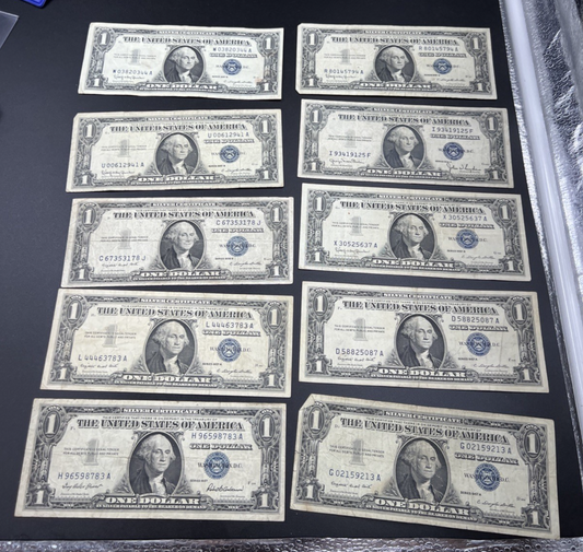 Lot of 10 1957 / 1935 $1 One Dollar Silver Certificate Blue Seal Notes VG + #783