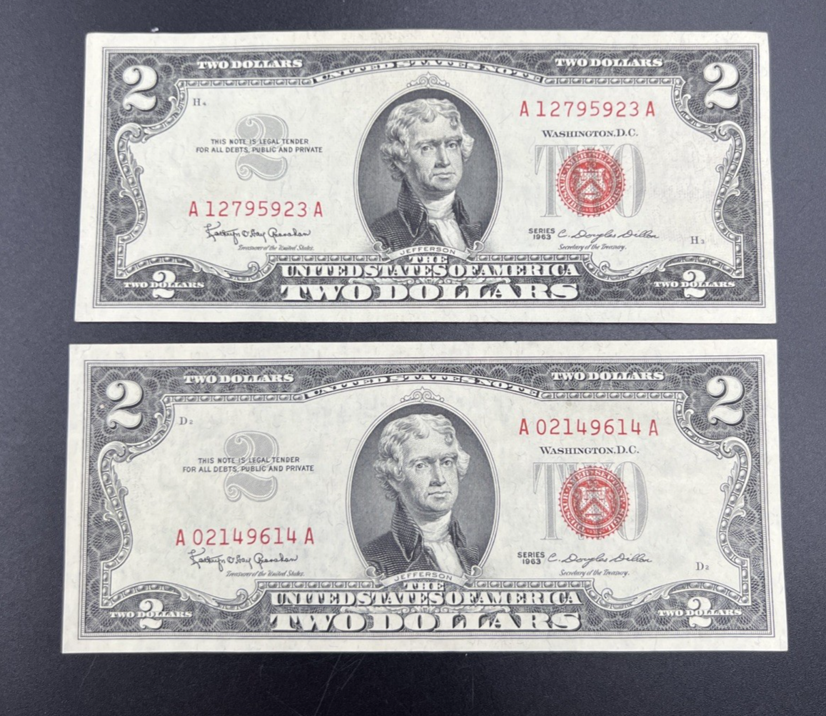 Lot of 2 1963 $2 Two Dollar Bill USN Notes XF / AU #614