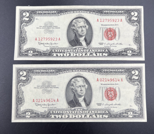 Lot of 2 1963 $2 Two Dollar Bill USN Notes XF / AU #614