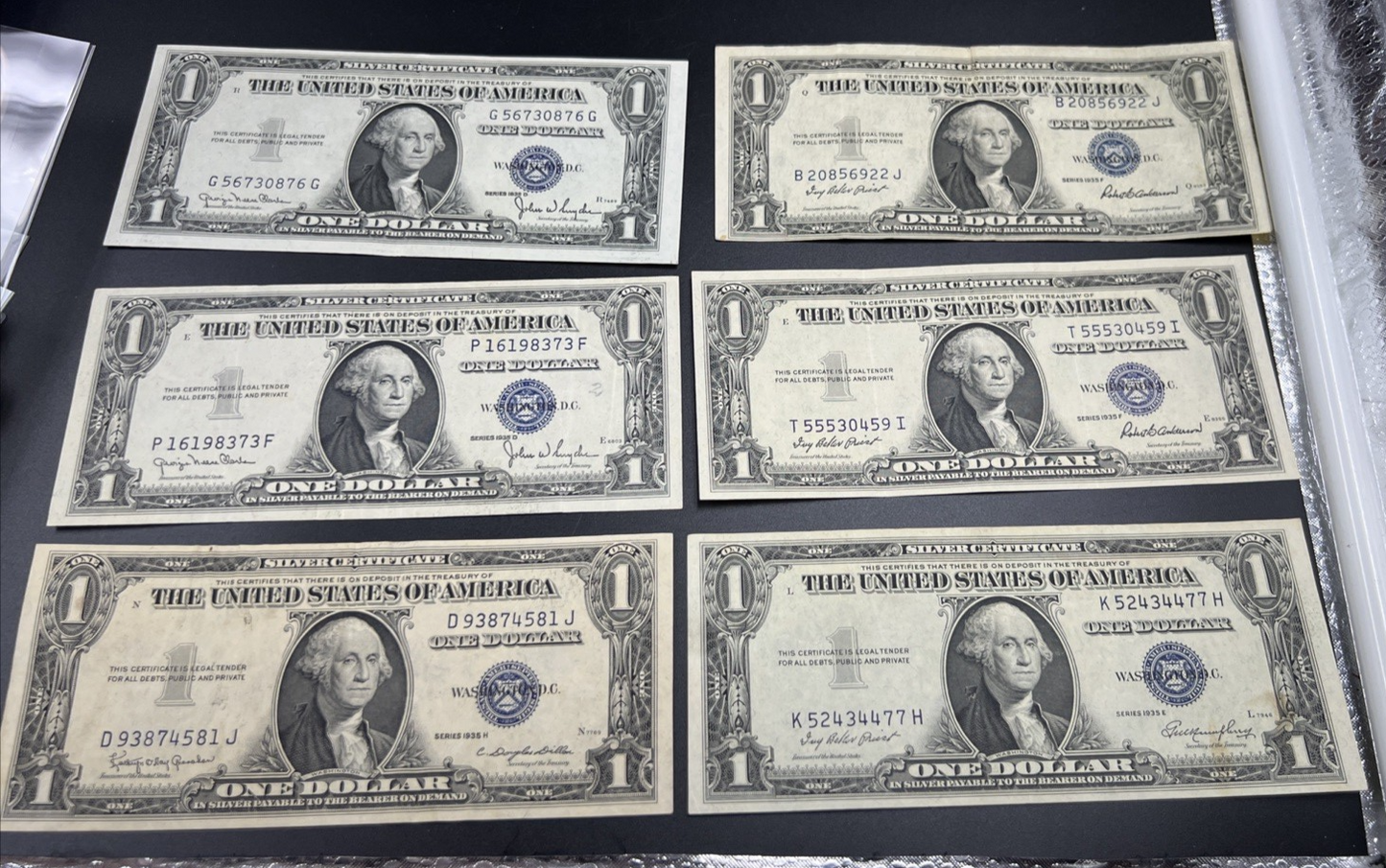 Lot of 6 1935 $1 One Dollar US Silver Certificates VF Very Fine #581