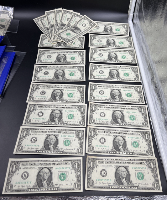 22 Consecutive 1977 $1 Minor Over Ink Error REV FRN Bills VF - UNC Conditions