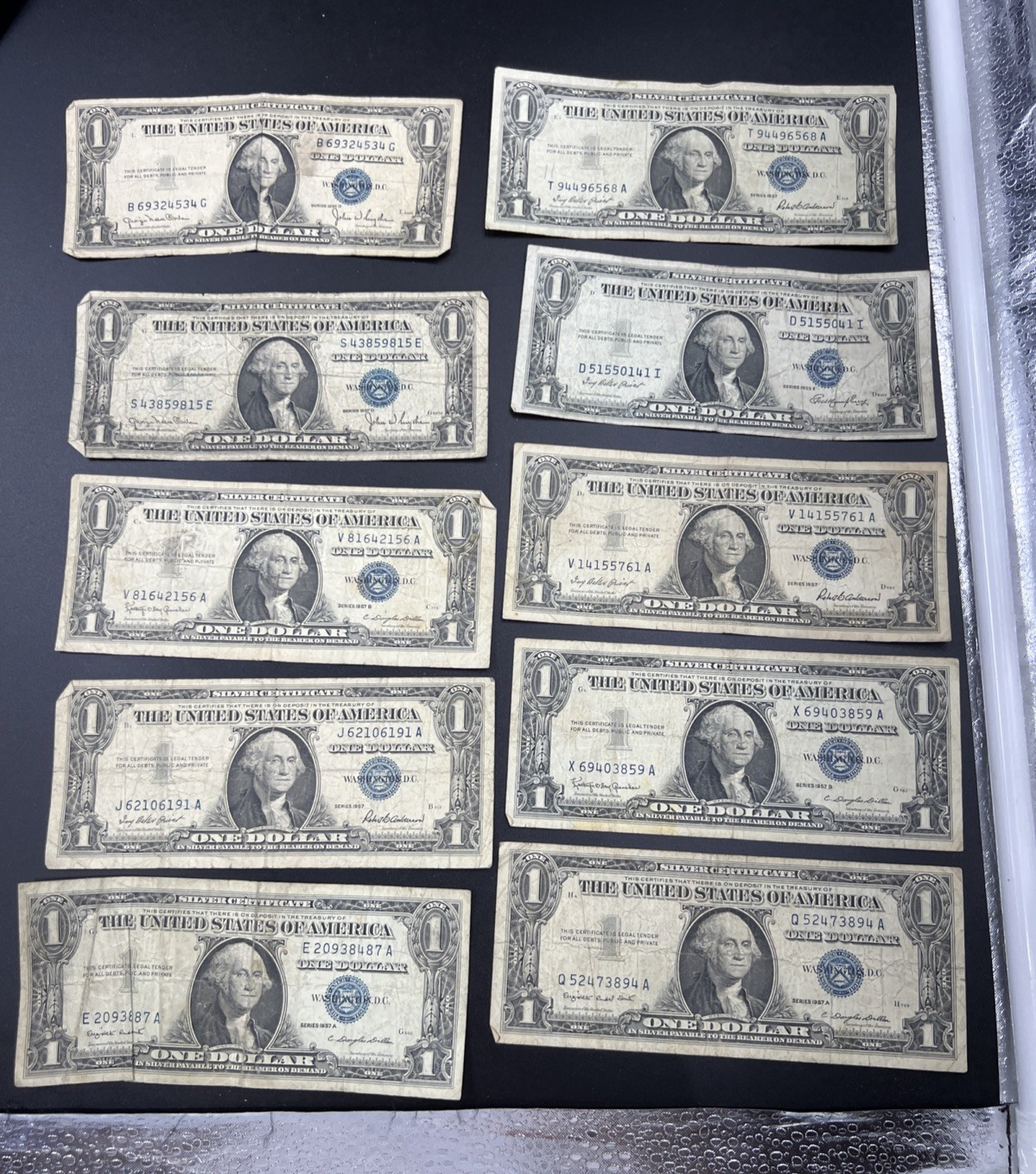 Lot of 10 VERY CIRC 1957 1935 $1 Dollar Silver Certificate Blue Seal Notes #87