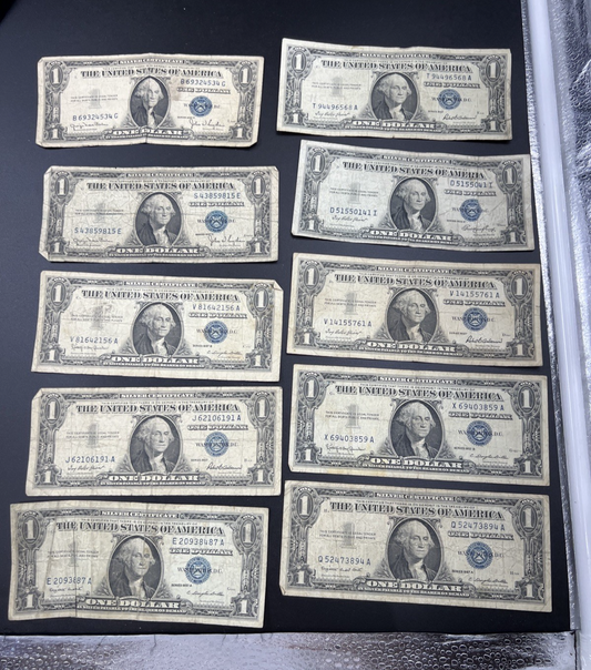 Lot of 10 VERY CIRC 1957 1935 $1 Dollar Silver Certificate Blue Seal Notes #87