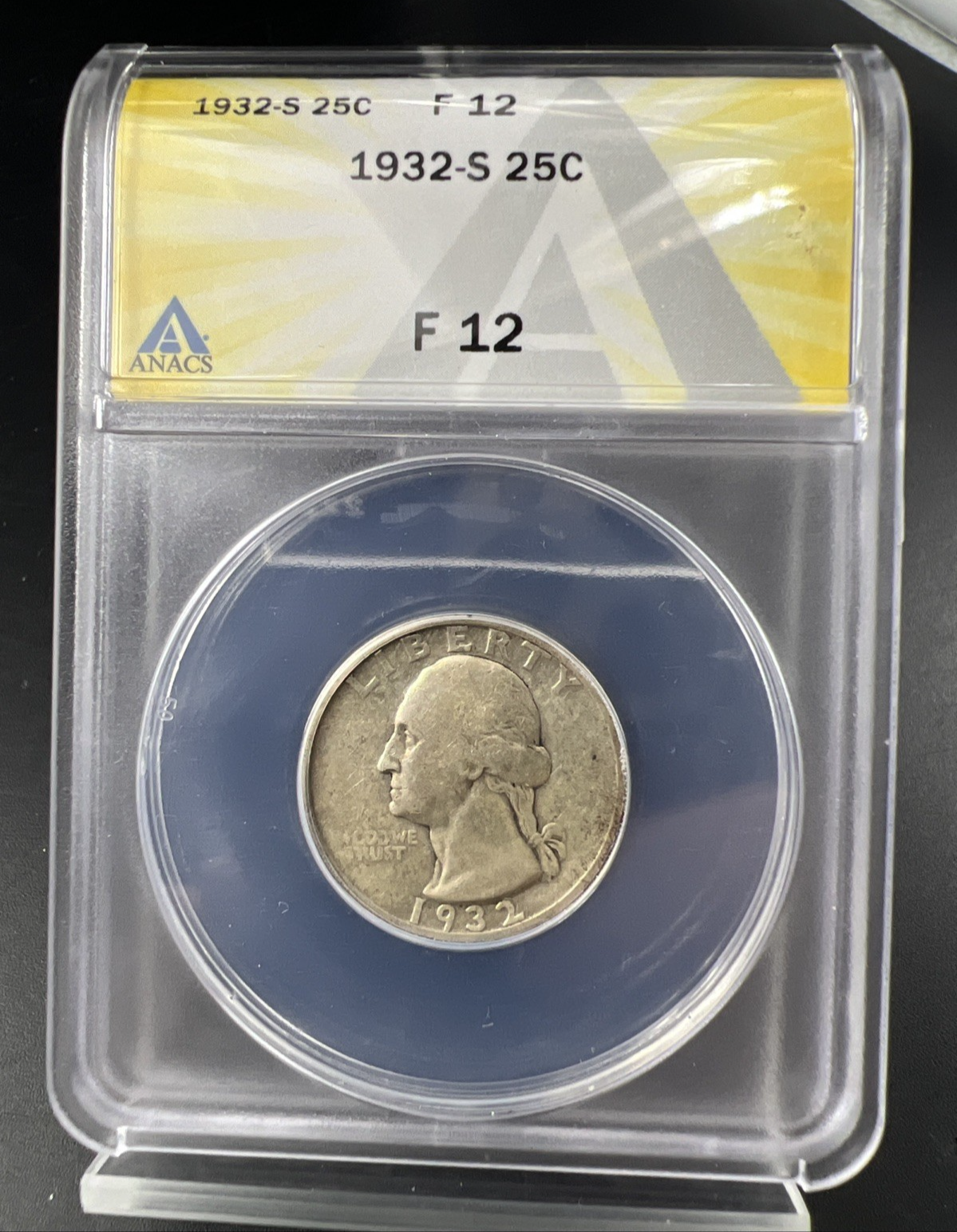 1932 S 25c Washington Silver Quarter Coin ANACS F12 Fine Key Date #703
