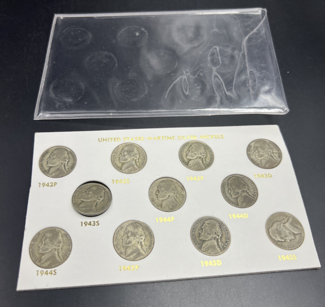 1942 1943 1944 1945 Complete 11 Coin US 35% Silver War Nickel Coin Set in Card J