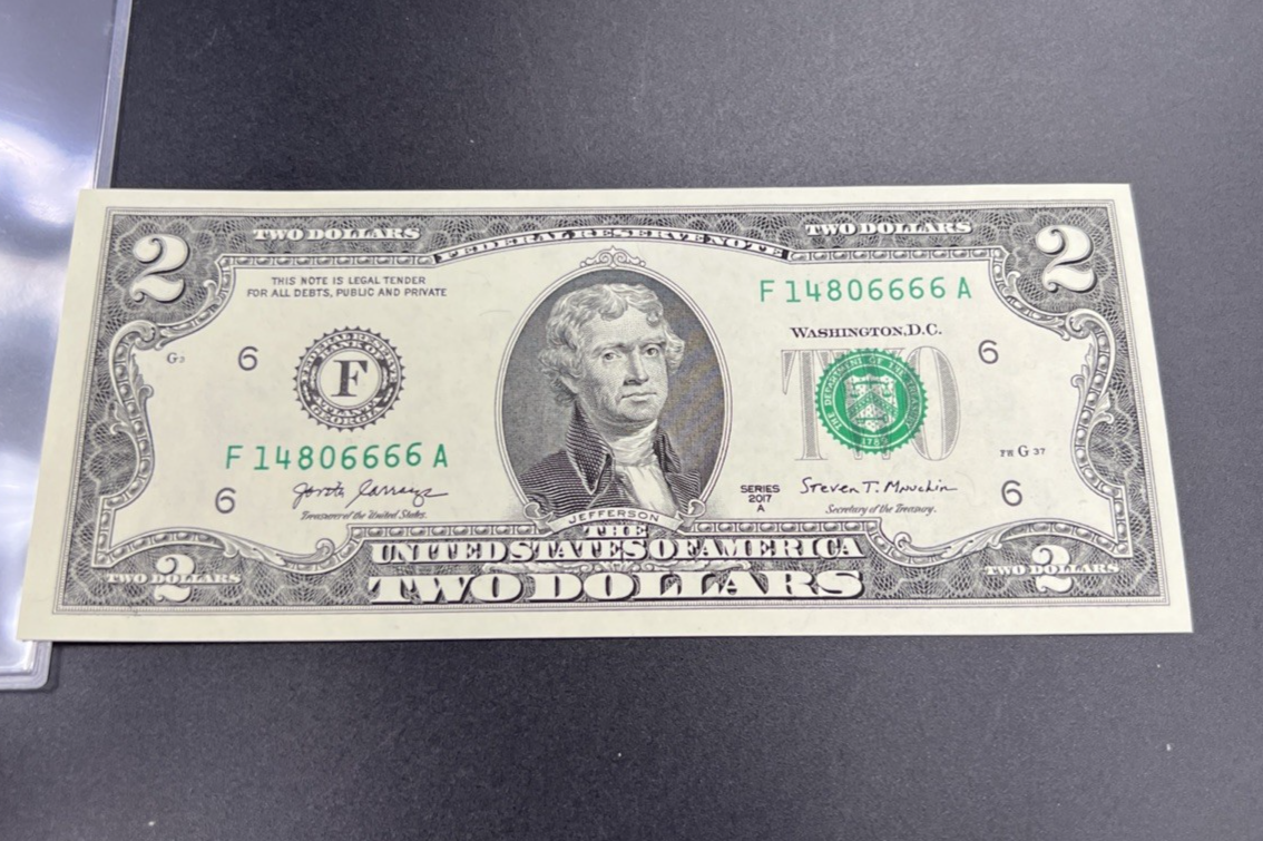 2017 A $2 FRN Federal Reserve Note CH UNC Neat Serial #14806666