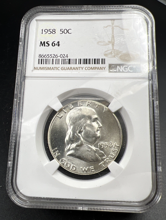 1958 P 50c Franklin Silver Half Dollar Coin CH BU MS64 NGC Certified #024