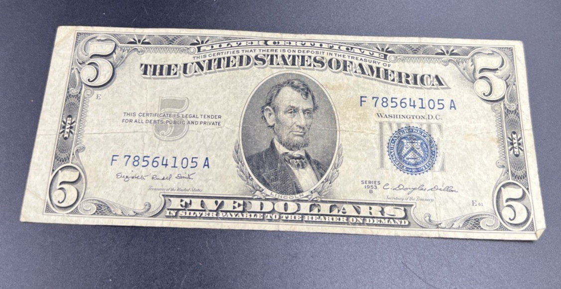 1953 B $5 Five Dollar US Silver Certificate Good / VG #105