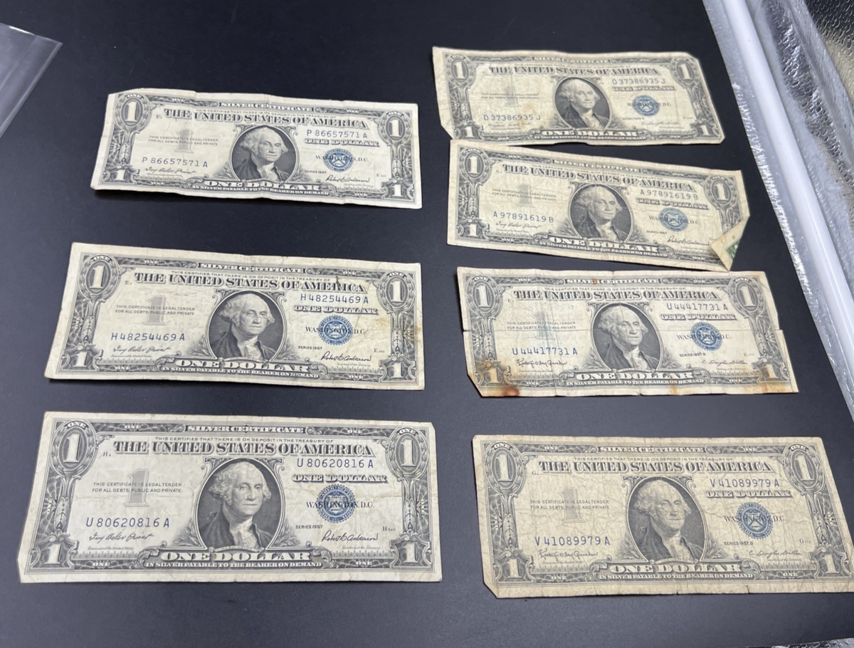 Lot of 7 1935 1957 $1 One Dollar Blue Seal Silver Certificates Very Circulated 7