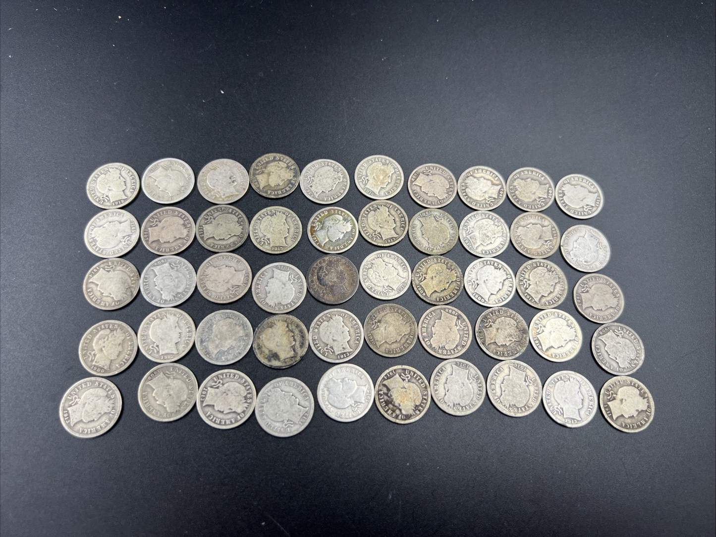 50 Coin Barber 90% Silver Dime Roll Full Rim Good Circ Conditions SK#g