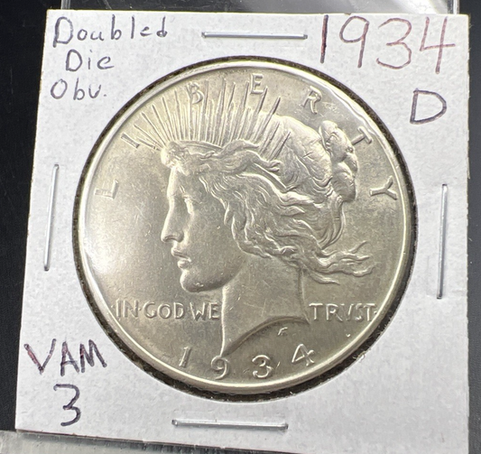 1934 D $1 Peace Silver Dollar Coin VAM 3 Top 50 Variety AU About UNC