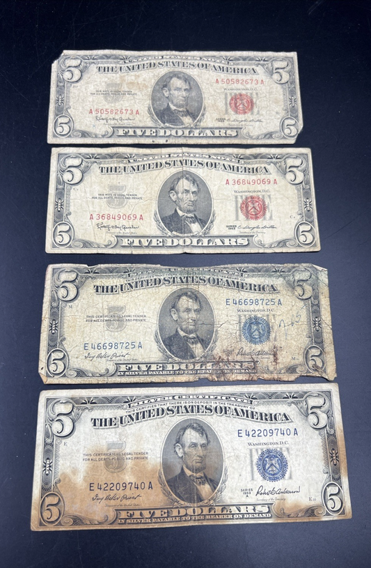 $5 Bill Collector's Lot 2 1963 $5 USN & 2 1953 $5 Silver Certificates Very Circ